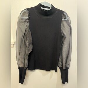 Black mock neck sweater with sheer sleeves